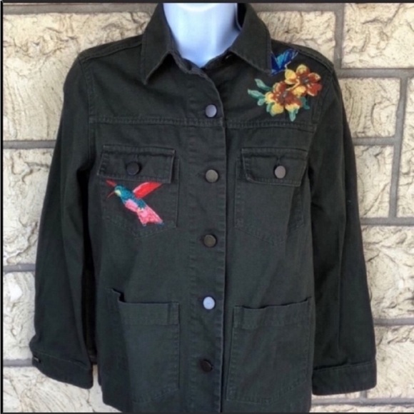 Who what wear Green Denim jacket embroidered floral bird Oversized Small - Picture 7 of 9
